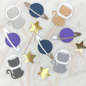 Space Cat Cupcake Topper, 12er-Set | Space Kitty Party Dekor | Weltraum Katze Thema