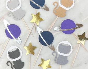 Space Cat Cupcake Toppers: Cosmic Kitty Party Decor, Set of 12
