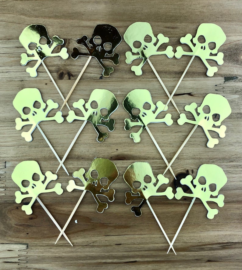 Gold Skull /& Crossbones Halloween Cupcake Toppers Scull and Cross Bones Toothpick Skull and Cross Bones Halloween Toothpick 12