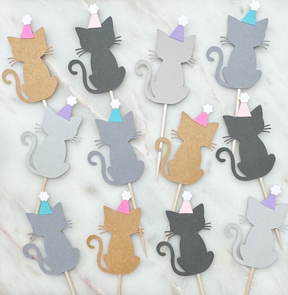 Kitty Cat Birthday Party Cupcake Toppers: Kittens in Hats - Set of 12