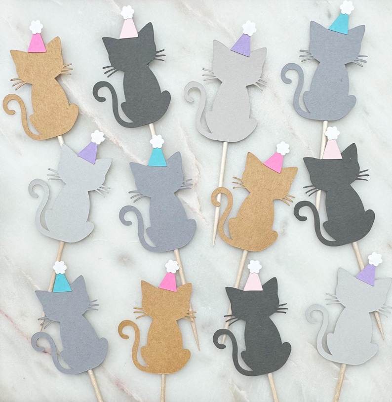 Kitty Cat Birthday Party Cupcake Toppers: Kittens in Hats - Set of 12 image 1