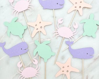 Under the Sea Cupcake Toppers: Pastel Ocean Animals, 1st Birthday Decor - Set of 12