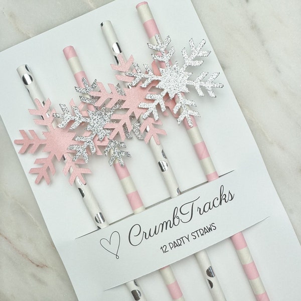 Snowflake Party Straws, Set of 12 | Baby Its Cold Outside | Pink and Silver Snowflake Baby Shower Decor | Gender Reveal