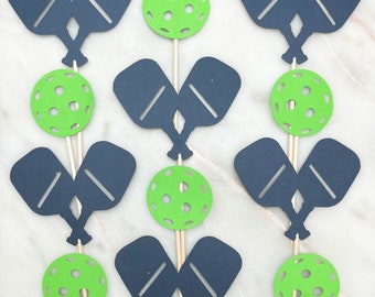 Pickleball Cupcake Toppers: Navy & Green Party Decorations - Set of 12