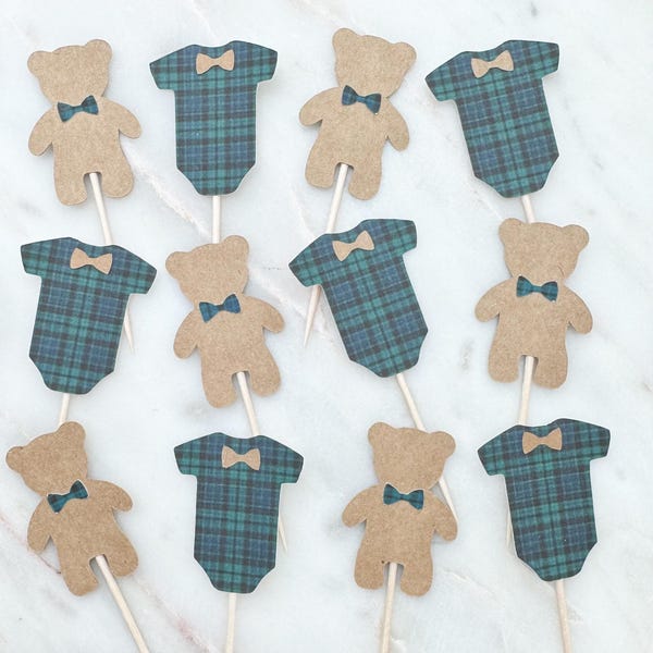 Combinaison pour cupcakes ours en peluche et tartan : décoration preppy pour baby shower