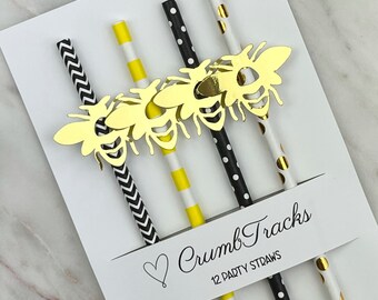 Gold Bee Paper Party Straws - Set of 12