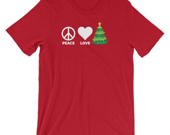 Peace Love Christmas Tree Tshirt | Merry Holiday Xmas Funny Graphic T-Shirt | Xmas Party Celebration Cool Short-Sleeve Unisex Shirt