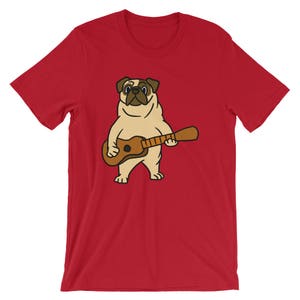 Pug Dog Playing Guitar Funny Humor Unisex Shirt | Guitarist Cartoon Animal Rock Music Lover Pun Gift T-Shirt | Instrument Player Outfit