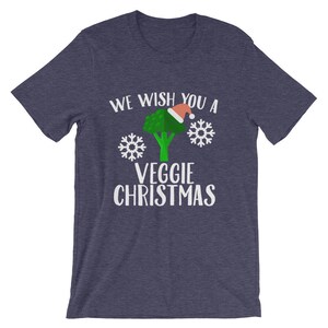 We Wish You A Veggie Christmas Tee Broccoli Santa Hat And Snowflakes Design T-Shirt Merry Vegan Christmas Holiday Short-Sleeve Unisex image 4