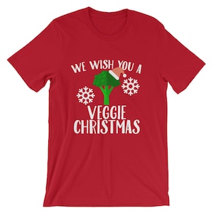 We Wish You A Veggie Christmas Tee Broccoli Santa Hat And Snowflakes Design T-Shirt Merry Vegan Christmas Holiday Short-Sleeve Unisex image 1