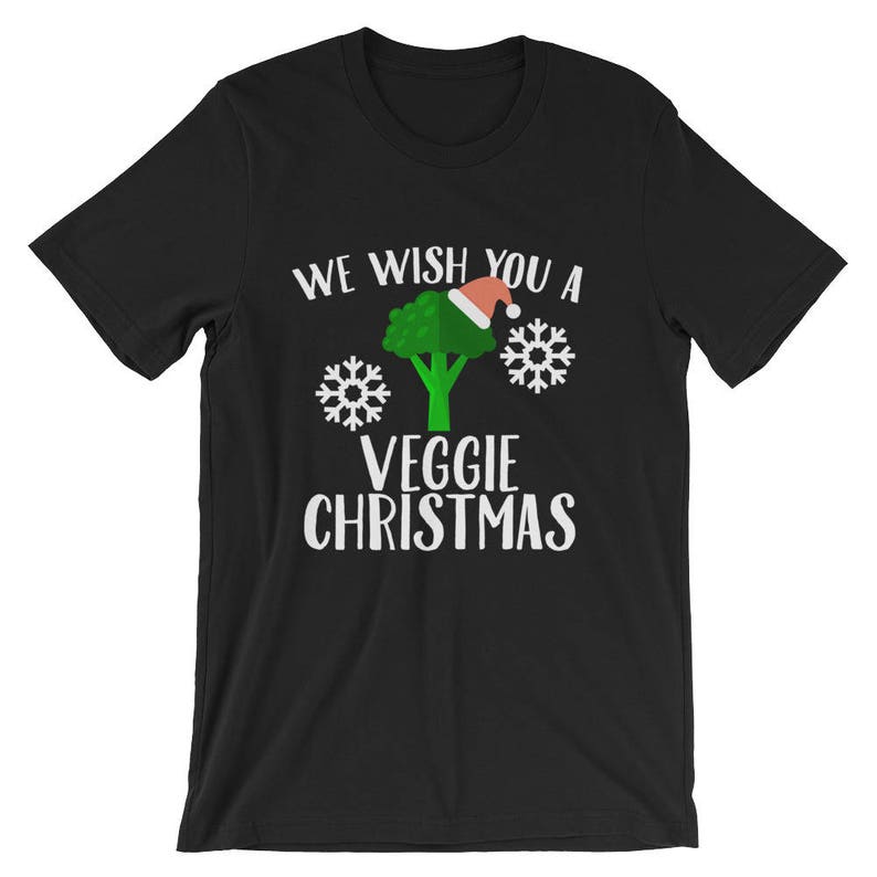 We Wish You A Veggie Christmas Tee Broccoli Santa Hat And Snowflakes Design T-Shirt Merry Vegan Christmas Holiday Short-Sleeve Unisex image 2