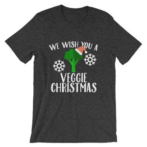 We Wish You A Veggie Christmas Tee Broccoli Santa Hat And Snowflakes Design T-Shirt Merry Vegan Christmas Holiday Short-Sleeve Unisex image 5