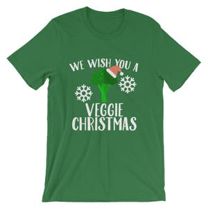 We Wish You A Veggie Christmas Tee Broccoli Santa Hat And Snowflakes Design T-Shirt Merry Vegan Christmas Holiday Short-Sleeve Unisex image 6