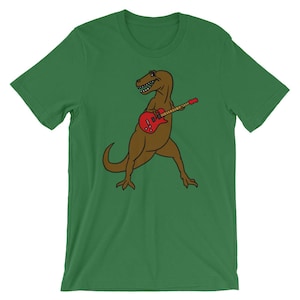 T-Rex おもしろロックミュージックギター愛好家向けクールユニセックスシャツ | 漫画動物しゃれ皮肉ユーモアTシャツ | 獣脚類恐竜半袖Tシャツ