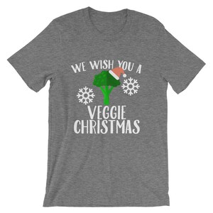 We Wish You A Veggie Christmas Tee Broccoli Santa Hat And Snowflakes Design T-Shirt Merry Vegan Christmas Holiday Short-Sleeve Unisex image 7