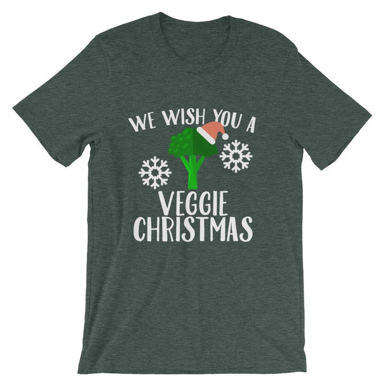 We Wish You A Veggie Christmas Tee Broccoli Santa Hat And Snowflakes Design T-Shirt Merry Vegan Christmas Holiday Short-Sleeve Unisex image 3