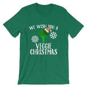 We Wish You A Veggie Christmas Tee Broccoli Santa Hat And Snowflakes Design T-Shirt Merry Vegan Christmas Holiday Short-Sleeve Unisex image 8
