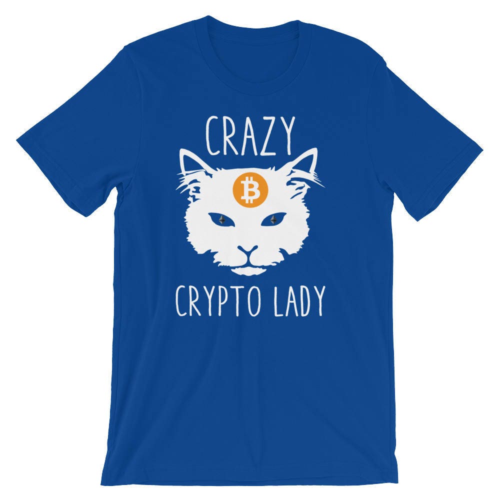 Crazy Crypto Lady Cat with Bitcoin On Forehead and Ethereum Classic Eyes Pun Unisex T-Shirt | Funny Blockchain Cryptocurrency Coin Humor Tee