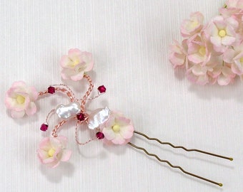 Pink Cherry Blossom bridal hair pin, Keishi freshwater pearls and Ruby Red Swarovski crystals. Ideal Beach wedding