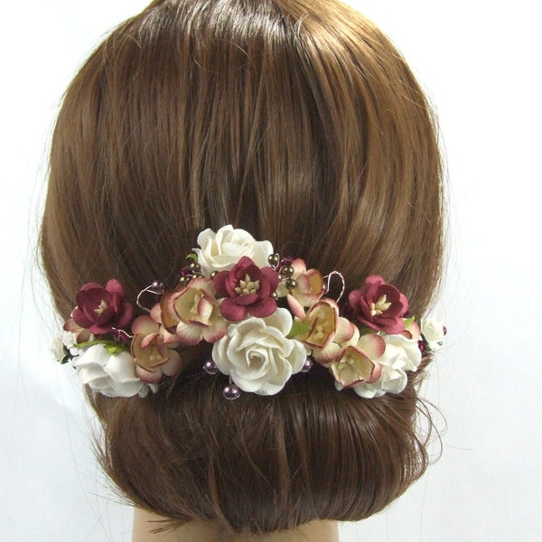 Burgundy flower headpiece. Cherry Blossoms, Ivory roses, Swarovski pearls and crystals. Ready to ship. Christmas wedding