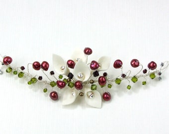 Short bridal vine, red pearls and white diamante flowers, green crystal headpiece bun wrap, garnet red Swarovski crystals. Winter wedding,