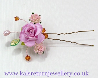 Wedding hair flowers, pink floral hair pin with freshwater pearls, Swarovski crystals and leaf. Ideal for Flower girl and bridesmaid gift.