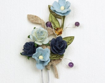 Flower bridal hair pin, navy blue roses, Cherry Blossoms, Amethyst beads, topaz crystal and greenery. Ideal rustic wedding