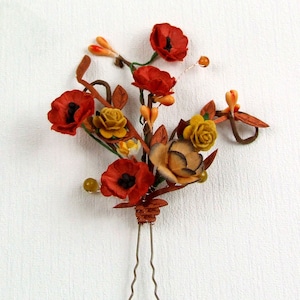 Floral hair pin poppies, red flowers, Mustard yellow roses, bronze leaves, orange pip berries. Autumn wedding