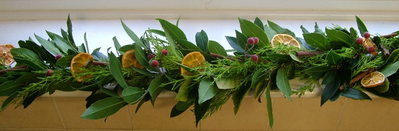 Fresh Christmas garland, mantlepiece. scented dried oranges, Bay leaves, evergreen fir, red berries, cinnamon sticks. Smells divine image 8