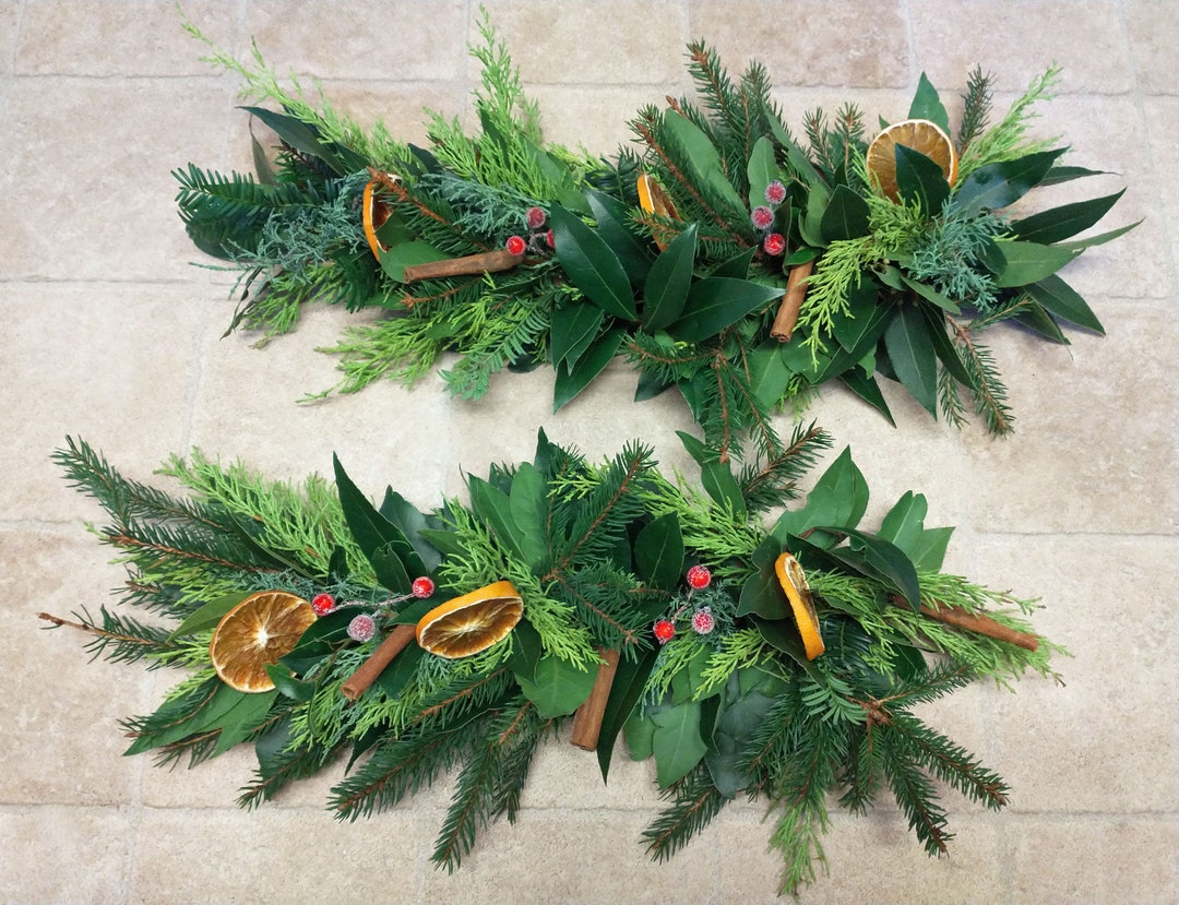 Fresh Christmas Garland, Mantlepiece. Scented Dried Oranges, Bay Leaves