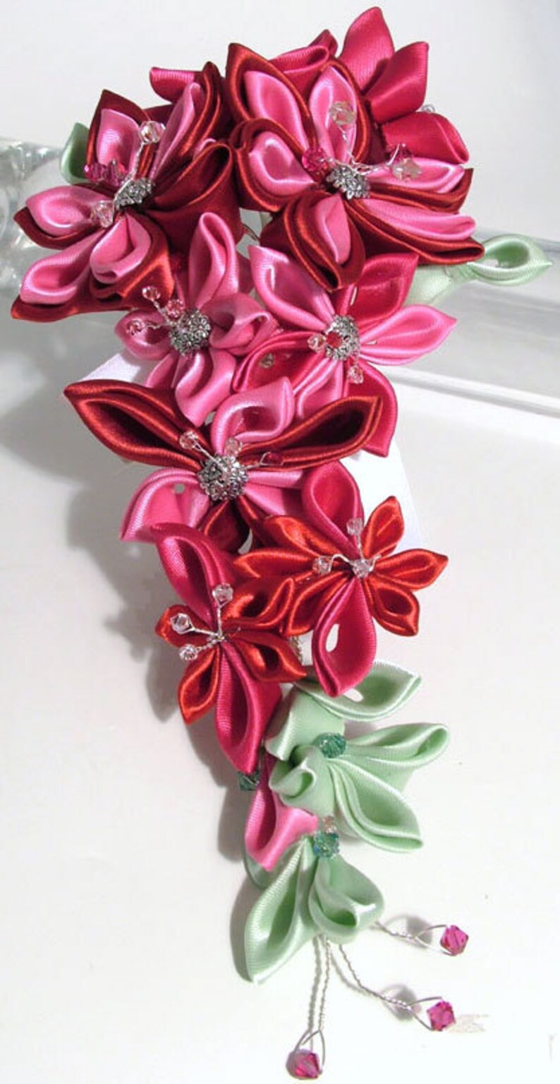 Bridal bouquet Kanzashi flowers cascading red and hot pink Etsy
