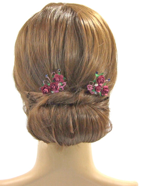 Bun Hair Pins Floral Grips In Hot Pink And Fuschia With Etsy