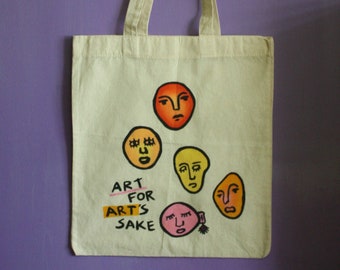 Art for Art's Sake Doodle Heads Handpainted Abstract Totebag