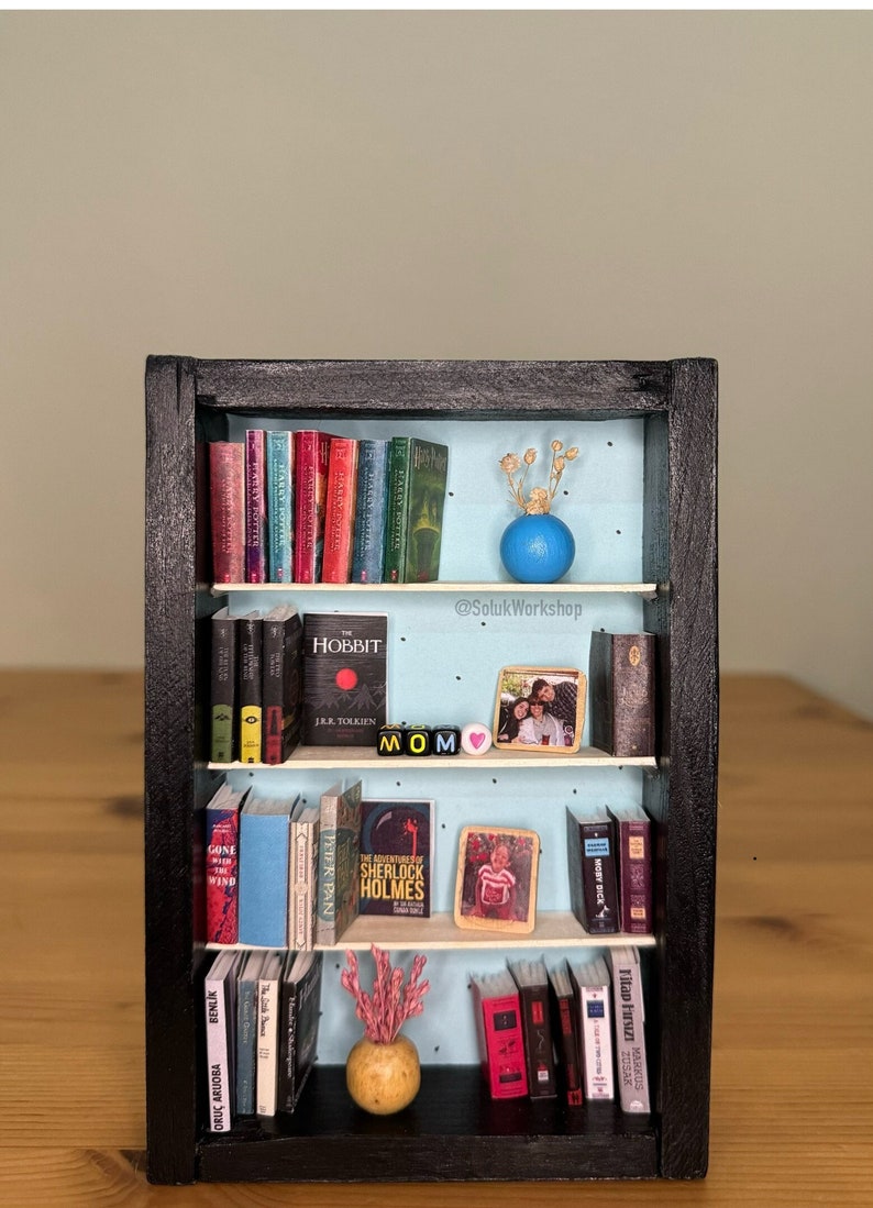 Custom Miniature Bookshelf with Personalized Embellishments FREE SHIPPING / Perfect Gift for Bookworms Black