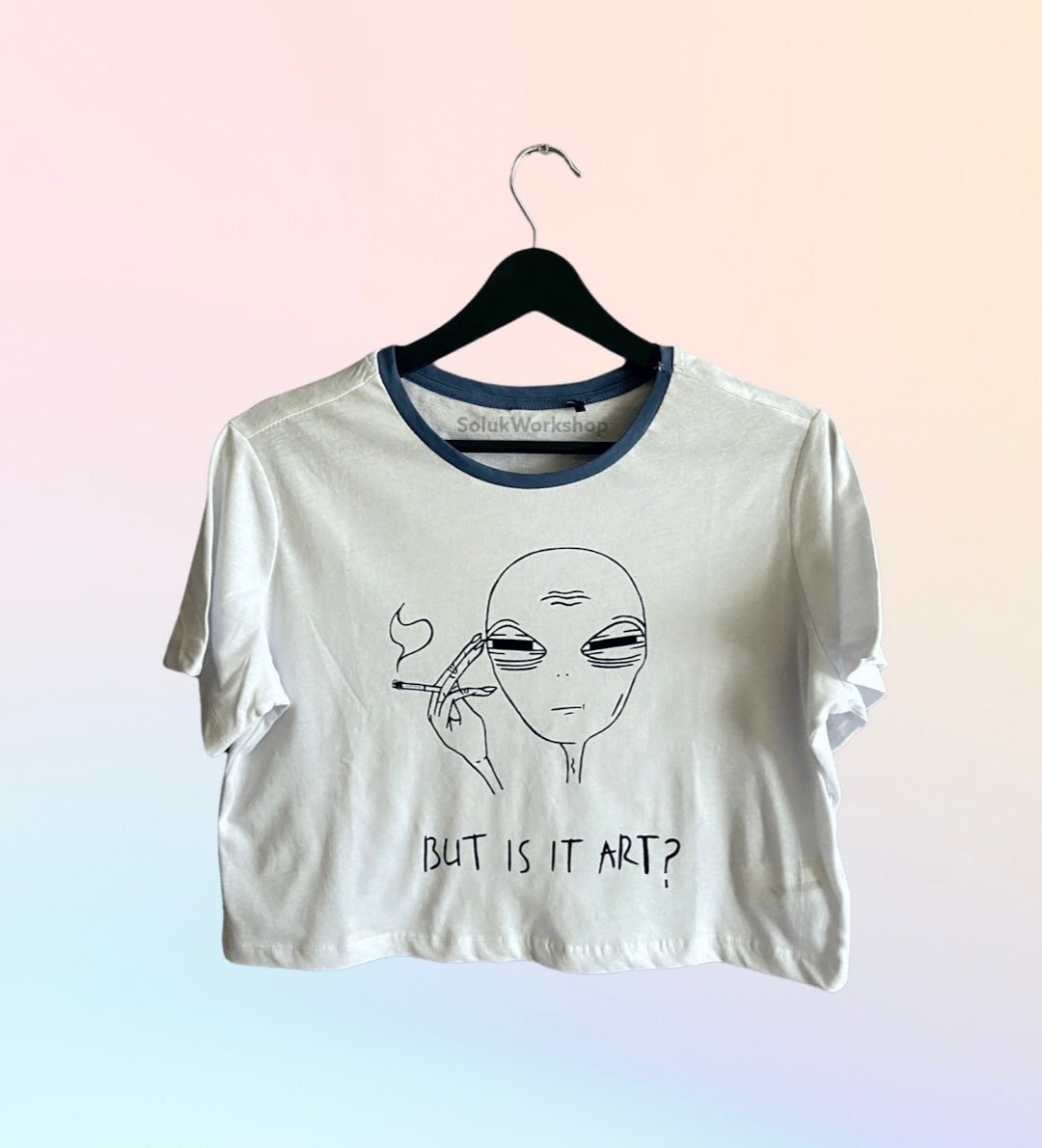 Hand Painted 100% Cotton White Crop Top But Is It Art Alien Free Shipping (Not Printed! Hand paint item with permanent fabric paint)