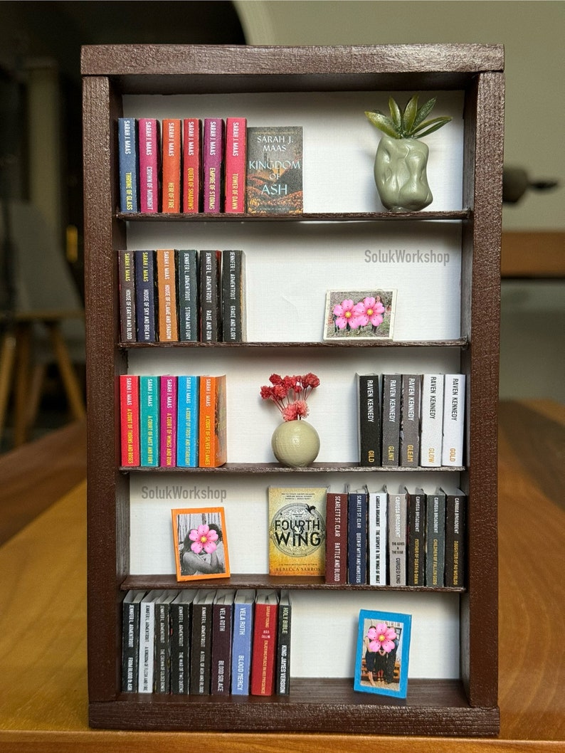 Miniature Bookshelf with Personalized Embellishments 40 Books Customized Tiny Shelf FREE SHIPPING / Perfect Gift for Bookworms Brown