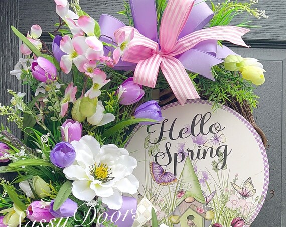 Spring Wreath, Tulip Spring Wreath For Front Door, Gnome Spring Wreath,Sassy Doors Wreaths,