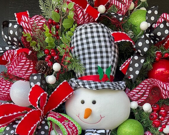 Snowman Wreath, Christmas Wreath, Buffalo Plaid Snowman Wreath, Christmas Door Wreath, Whimsical Snowman Wreath, Snowman Decor,