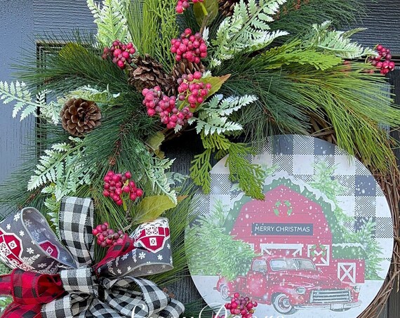Red Truck Wreath, Christmas Wreath With Red Truck, Christmas Door Wreath, Red Truck Christmas Wreaths, Rustic Wreath,