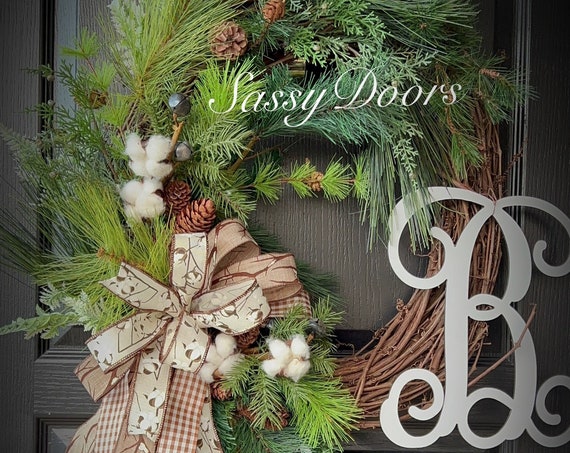 Woodland Pine Wreath, Cotton Wreath, Monogram Wreath, Monogram Wreath, Sassy Doors Wreaths, Woodland Wreath, Wreath