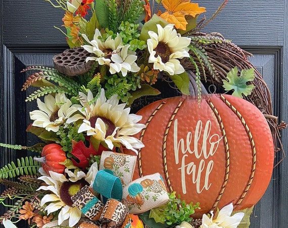 Fall Cheetah Wreath, Sunflower Wreath, Fall Pumpkin Wreath, Front Door Wreath, Autumn  Wreath, SassyDoors Wreath