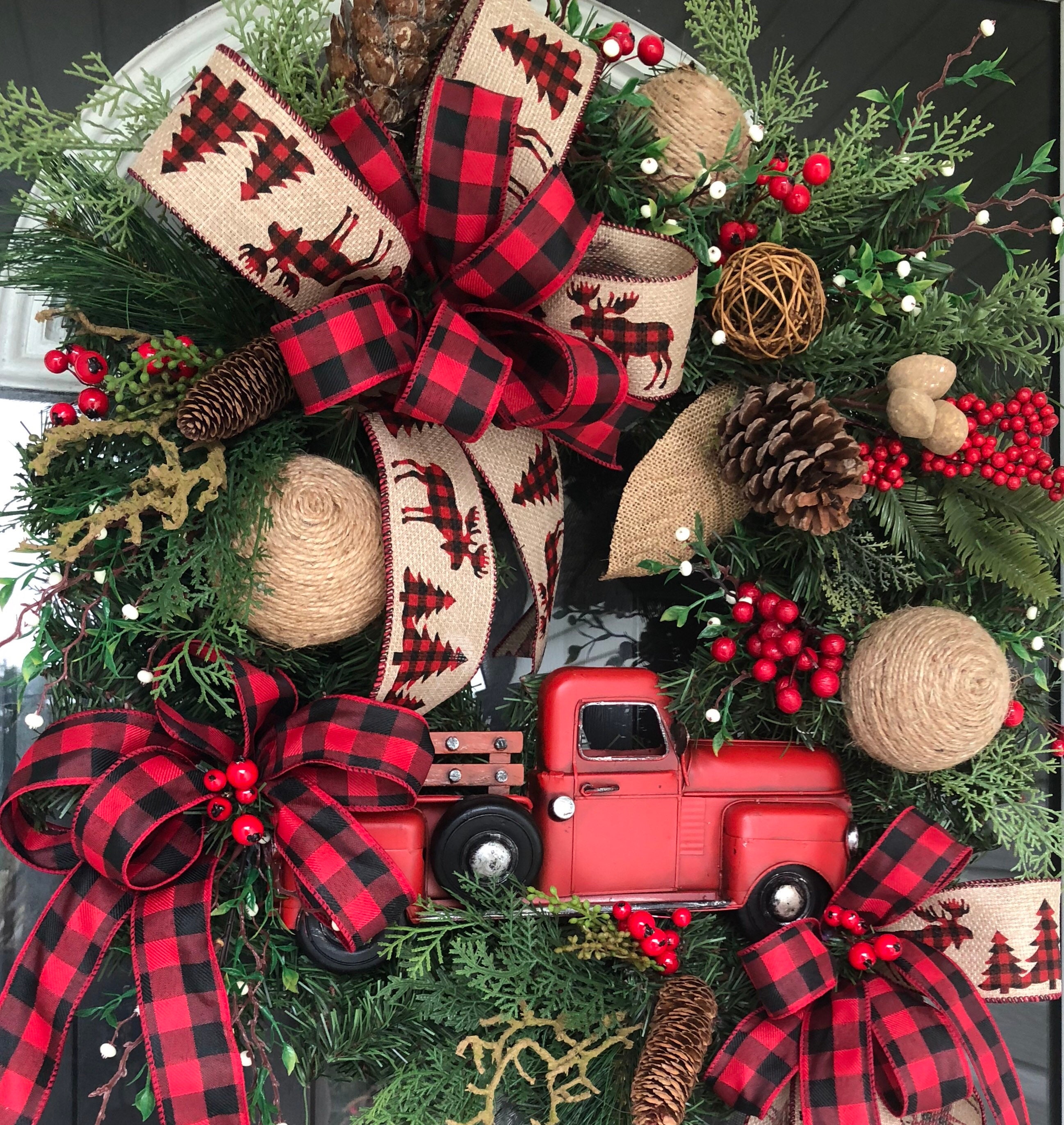 Red Truck Wreath, Christmas Wreath, Rustic Christmas Wreath, Red Truck Christmas Wreath