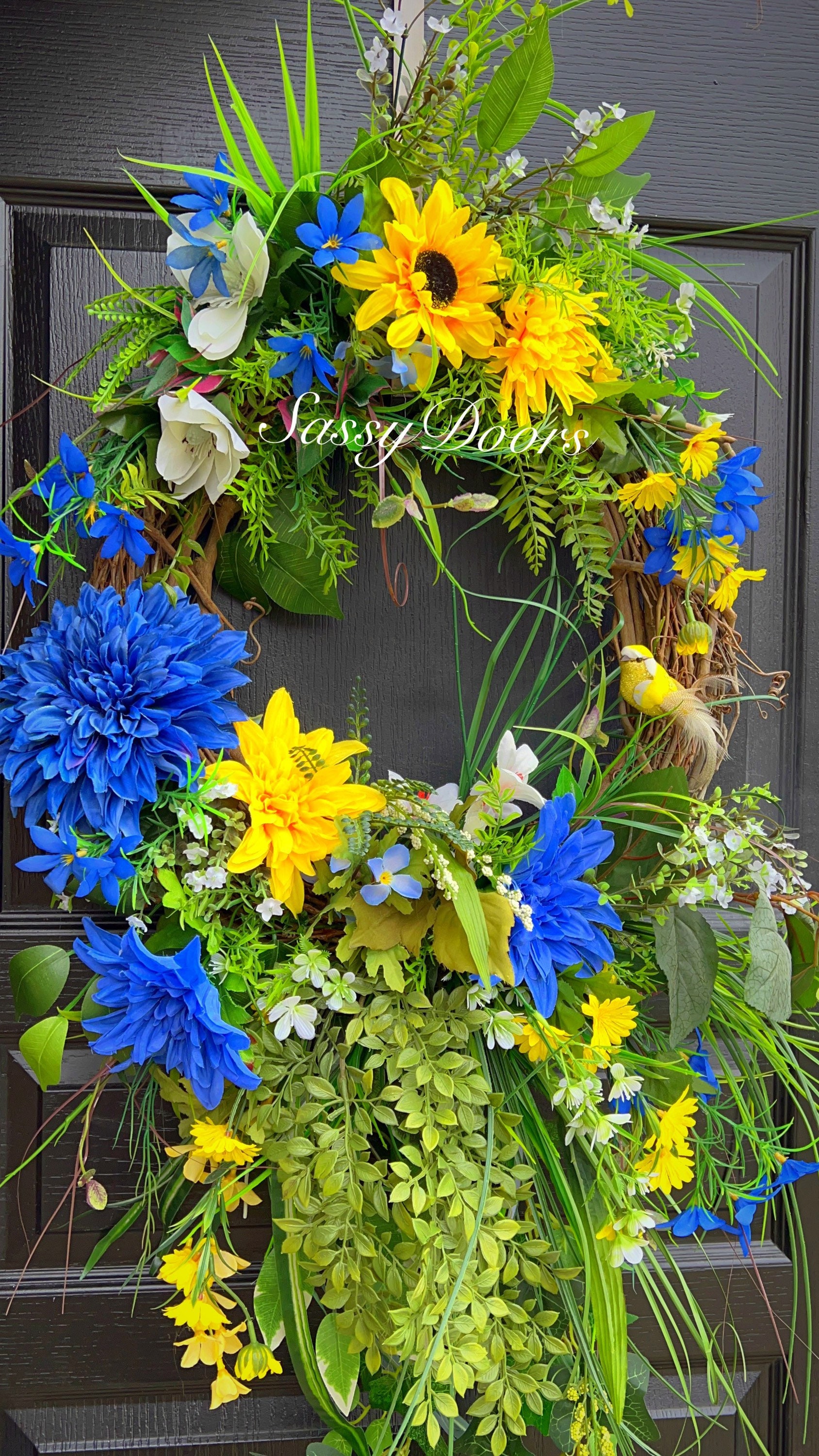 Spring and Summer Wreath, Summer Door Wreath, Blue Wreath, Sassy Doors Wreath, Sunflower Wreath