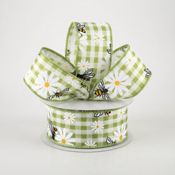 1.5" Daisies & Bees Ribbon: Sage Green Gingham (10 Yards)