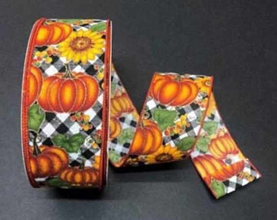 Sunflower ribbon, Pumpkin Ribbon, Fall Print Wired Ribbon, 2 1/2 Inch Ribbon, Cut Ribbon