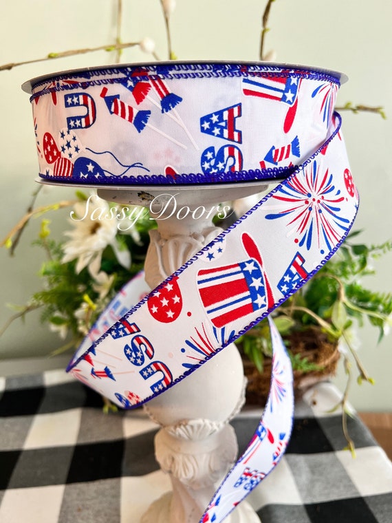 Patriotic Ribbon, 1 1/2"  Wired, 10 Yard Cut Ribbon, Satin Patriotic Ribbon , Red White and Blue Ribbon,