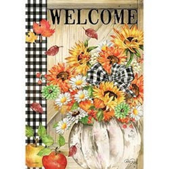 Pumpkin Floral Gingham Fall House Flag, Sunflower Fall Flag, Double Sided Flag, Autumn Flag, Pumpkin House Flag,