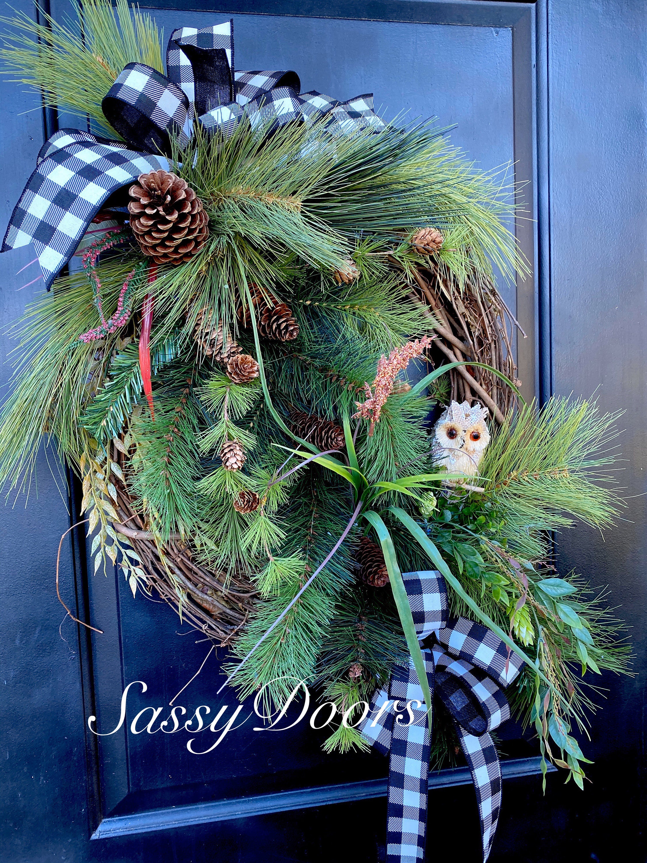 Winter Wreath, Owl Front Door Winter Wreath, Pine Wreath, Wreath
