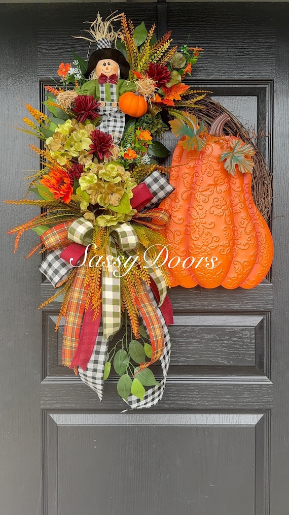 Scarecrow Fall Wreath , Fall Wreath,  Wreath, Fall Scarecrow Wreath, Pumpkin Wreath, Fall Hydrangea Wreath,  Sassy Doors Wreath,