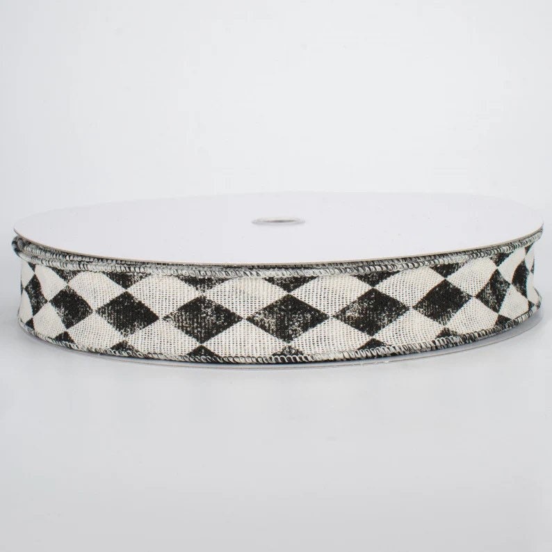 10 Yards, Black & Cream Ribbon, Wired Ribbon, Harlequin Ribbon, Wreath ...